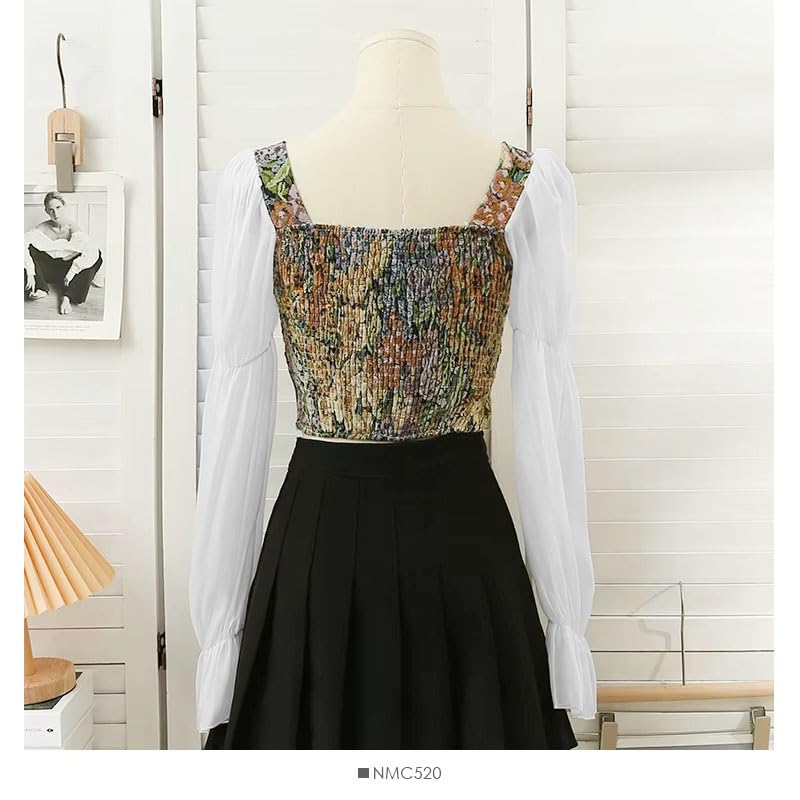 Image of ICW Women French Style Retro Vintage Lace-Up Floral Jacquard Square Neck Smock Puff Sleeve Ruffled Crop Blouse Corset Top Dn29