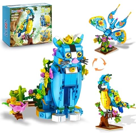 INSOON 3 in 1 Flower Cat Parrot Butterfly Building Set, Animal Figures Building Toy for Home Office Art Decor, 412 PCS Building Block Gift for Kids Boys Girls Ages 6 7 8 9 10 11 12+ Adults Cover