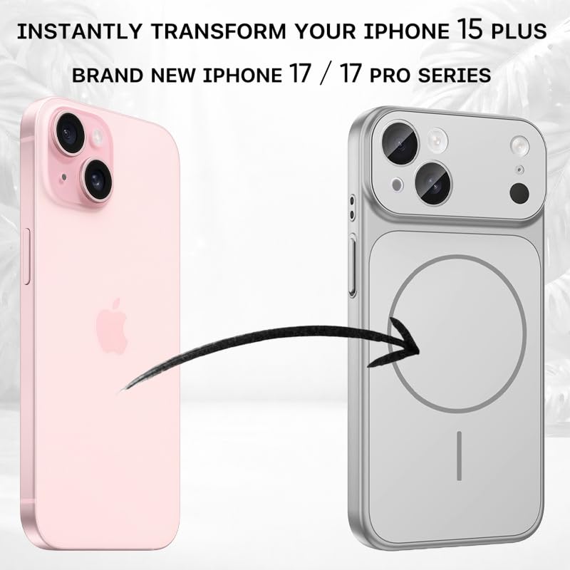 Image of SHINESTAR Converter Case for iPhone 15 Plus | Premium Protective Mag-Safe Cover | iPhone 17 Pro / 17 Pro Max Series Style Design | in-Built Camera Guard | Wireless Charging Compatible - Silver