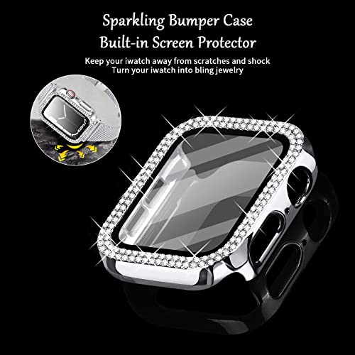 Joyozy Slim Stainless Steel Band Compatible with Apple Watch 38mm 40mm 41mm 42mm 44mm 45mm 46mm Milanese Strap with Bling Glitter Case Built-in Screen Protector Dressy Bracelet Band for Women (Silver 40mm)