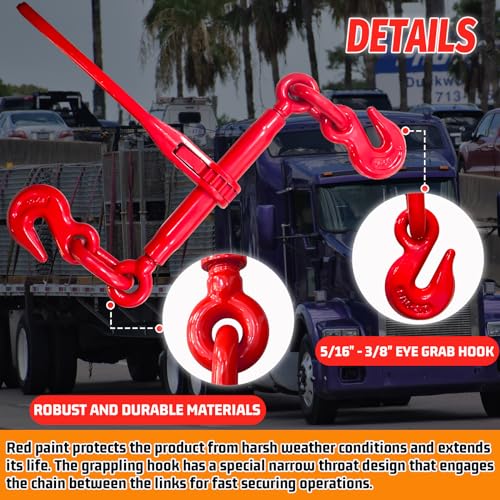 Image of Ratchet Chain Binders 5 /16'' - 3 /8'', 2 Pack Load Binders with G70 Grab Hooks, Tie Downs for 5 /16 Inch Transport Chain, 5400 Pounds Working Load Limit- Heavy Duty Ratchet Binders for Towing