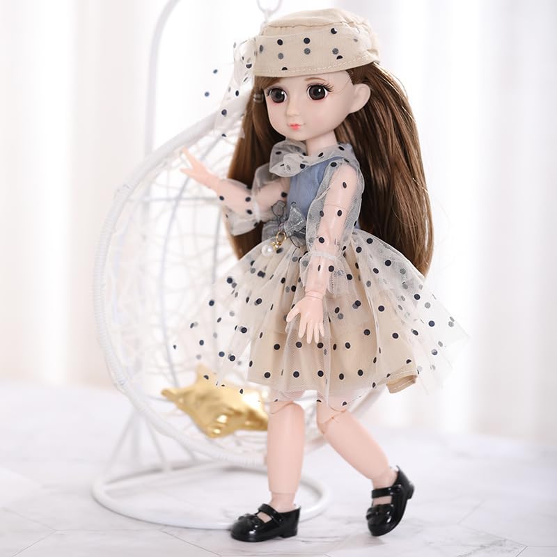 Image of Tickles Movable Joints Cute Beautiful 3D Eyes Fashionable Frock Dots Printed Dress Doll for Kids Girls Birthday Gifts (Color: Off - White; Size: 30 cm)