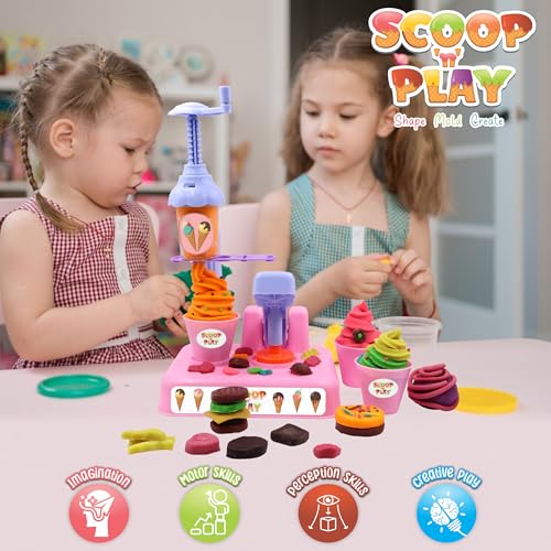 Image of Chanak Play Dough Ice Cream Maker Set, Safe Non-Toxic Dough Ice Cream Maker Including 6 Color Dough Tubes Each 50g + 1(100gm) for Boys Girls, Above 3+ Age (Pink)