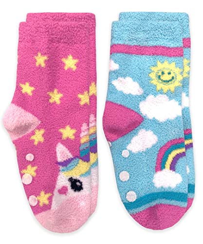 Jefferies Socks Girls Fuzzy Rainbow Animal Pattern Non Skid Slipper Socks 4 Pack3