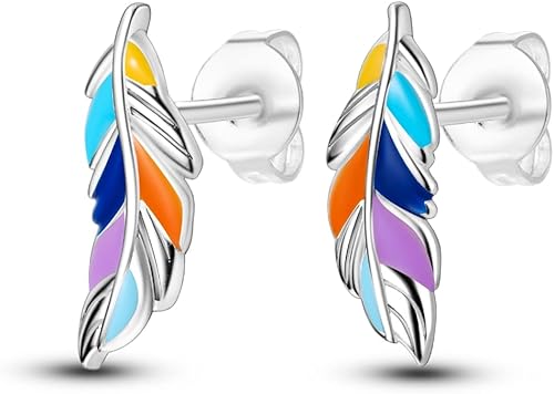 NARMO Aretes de mariposa de plata de ley 925 con borlas de luna y sol, aretes de tuerca con clip para la oreja, aretes de plumas coloridas para mujer