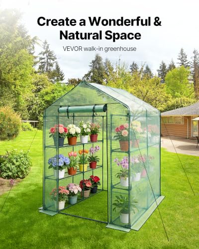 Image of VEVOR Walk-in Greenhouse, 55.5 inch x 56.1 inch x 78.7 inch Greenhouse for Outdoors with PE Cover, 2 Tiers 8 Shelves, Roll-Up Zipper Door, Walk in Green House, Portable Plant Garden Hot House for Backyard Outside
