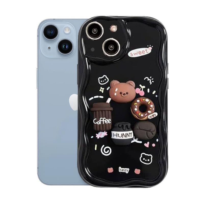 Image of ZR023 Compatible for iPhone 14 Cute Teddy Bear Design Back Cover | Soft Silicone Shockproof Protective Case | Slim Fit Stylish Camera Protection Phone Cover - Black