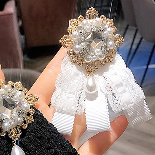 Image of Lace Ribbon Bow Tie Brooch Rhinestone Pearl Necktie for Girl Women Fashion jabot collar brooch pins Pre-Tied Corsage