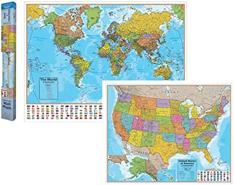 Waypoint Geographic Blue Ocean Series World and USA Wall Map Combo, Laminated World Map Poster, Educational Wall Art For Home or Office, Unique Gifts, 51” x 38” and 48” x 38”, Pack of 2