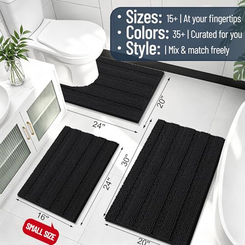 Image of Smiry Thick Chenille Large Bathroom Rugs 47x32, Extra Soft Absorbent Striped Bath Mat, Machine Washable, Rubber Backing, Bath Rugs for Bathroom, Tub & Shower, Home Decor Accessories, Black