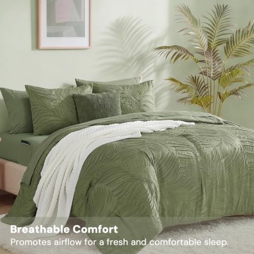 Image of Geniospin King Size Comforter Set, 7 Pieces Olive Green Bed in a Bag King Bedding Set, Soft Tufted Bed Set with Comforter, Sheets, Pillowcases & Shams for All Season