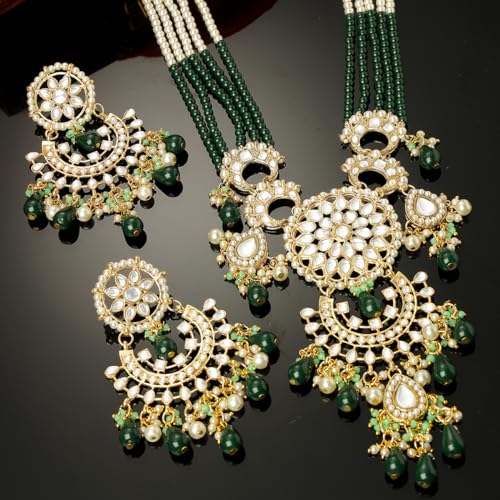 Image of Karatcart Gold Plated Green Crystal and Pearl Studded Kundan Rani-Haar Necklace Set for Women
