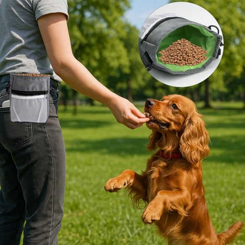 Graue Leckerlitasche für Hunde,Leckerlibeutel für Hunde,Futterbeutel Hundetraining, Bauchtasche Hundetraining, Praktische Gassi Tasche Hund für Spaziergänge, Training, Fütterung, Reisen, Wandern