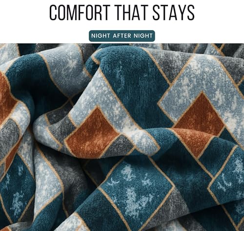 Image of BSB HOME Luxury Warm Winter Elastic Fitted Bedsheet with 2 Pillow Covers - Ultra Soft Flannel Velvet Touch, Cozy & Wrinklefree lintfree Size - 78x72+10 Inches, Checks Teal Blue & Grey