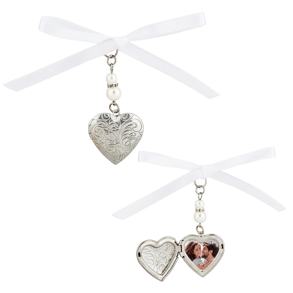 SUPERFINDINGSSUPERFINDINGS 3PCS 316 Stainless Steel Wedding Bouquet Charms Locket Pendant Decorations with Acrylic Imitated Pearl Beads and Satin Ribbon Heart Rial Angel Photo Pendants