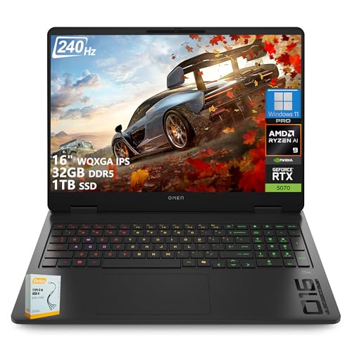 Image of HP OMEN 16 Gaming Laptop | 16 inch WQXGA 240Hz IPS 100% sRGB | AMD Ryzen AI 9 365 (50 NPU Tops) | 32GB DDR5 1TB SSD | GeForce RTX 5070 8 GB GDDR7 DLSS 4 | RGB Backlit Wi-Fi 6E Win11 Pro w /DLCA Accessory