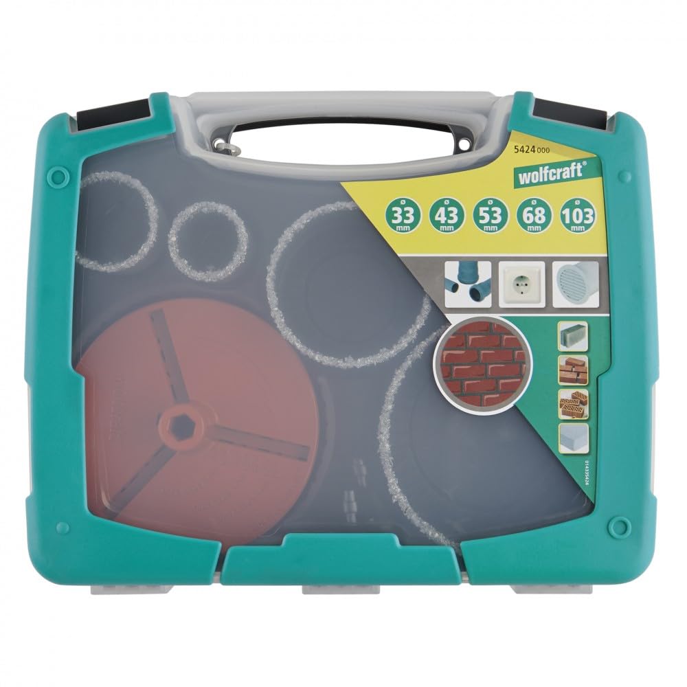 wolfcraft Juego de sierras de corona de perforación, recubrimiento de carburo de tungsteno, 7 piezas I 5424000 I Para paredes de ladrillo y piedra, Ø 33–103 mm, profundidad de corte: 55 mm