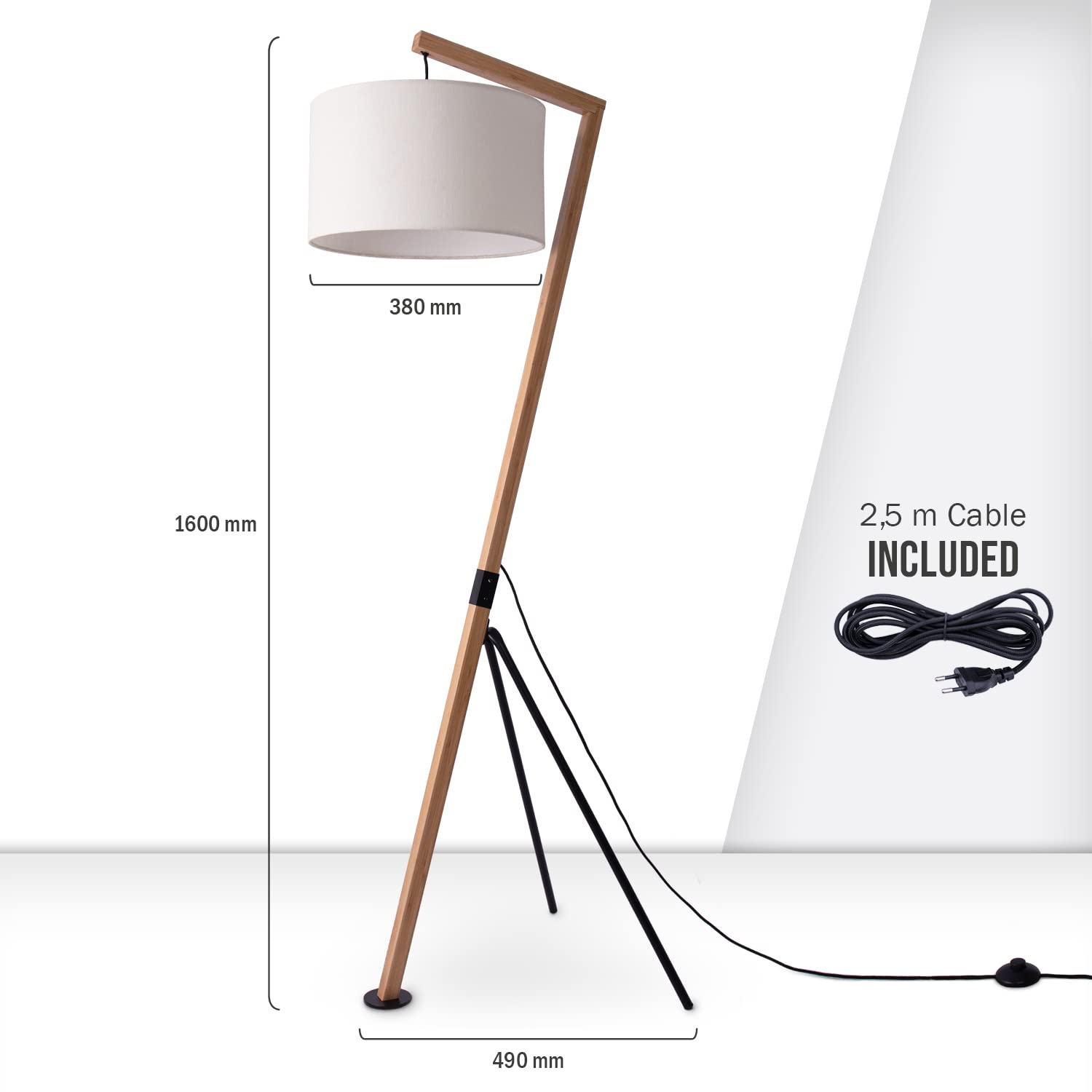 Paco Home Stehlampe Wohnzimmer Holz Standleuchte Leselampe Deko Stehleuchte Büro E27 Fassung Vintage Stoff Lampenschirm Modern Stativ Bogenlampe