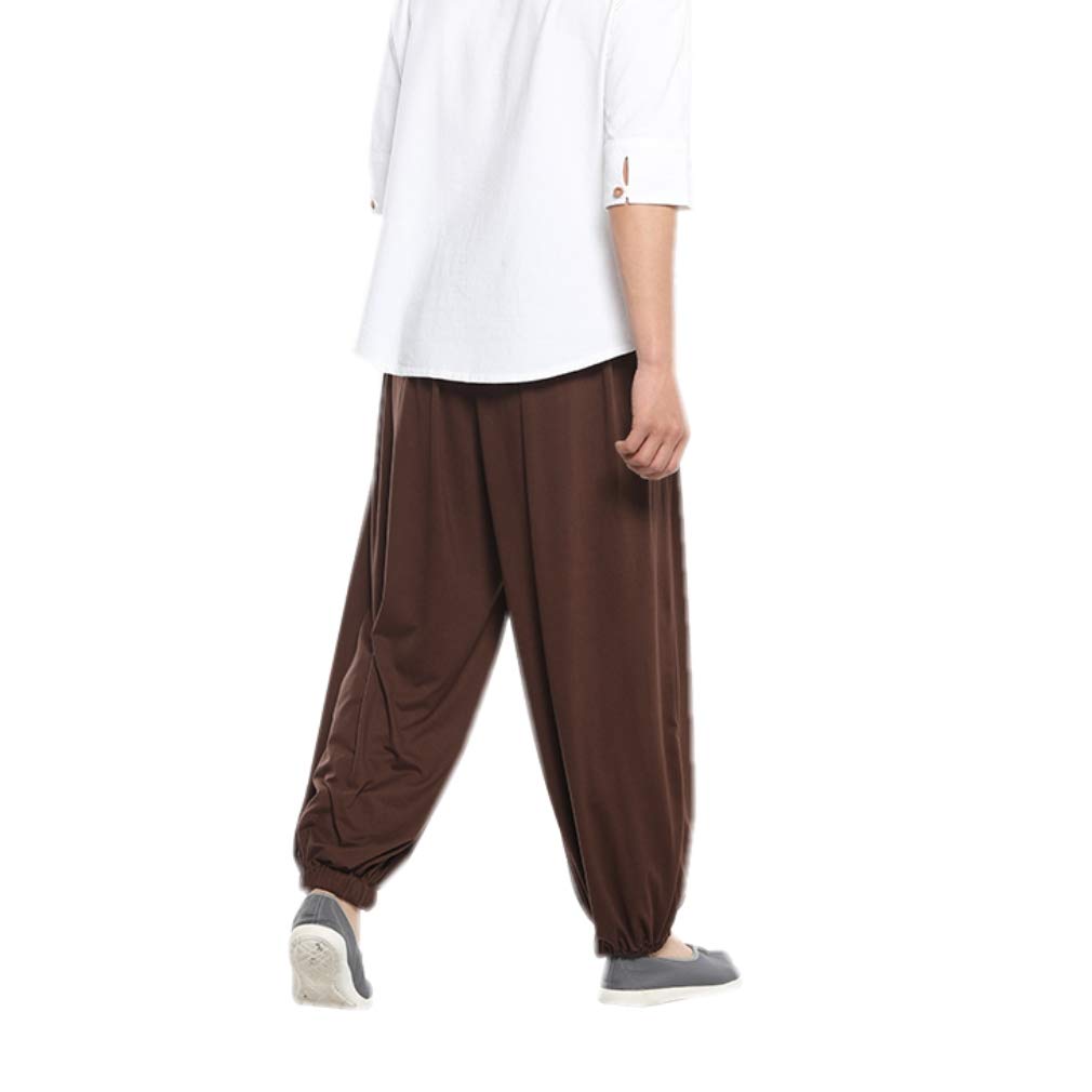 DGXIN Men Elasticated Waist Monk Trousers Lay Buddhist Yoga Kungfu Summer Zen Pants (L, Coffee)
