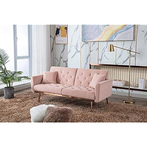 iDFURLF Mid Century Modern Velvet Fabric Couch Convertible Futon Sofa Bed Recliner Couch Accent Sofa Loveseat Sofa with Gold Metal Feet (59 Pink) Cover