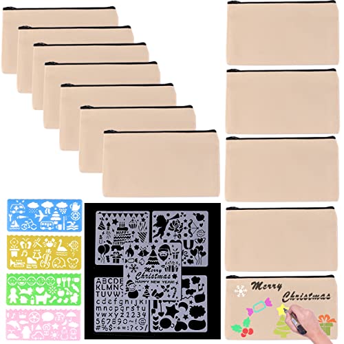 12 Pièces Trousse à Crayons Vierge, Trousse de Maquillage en Toile DIY avec Fermetures éclair, Papeterie Sac, Toile de Rangement Voyage Sac, Pochette Tissu Trousse avec 9 Pièces Gabarits de Dessin Cover