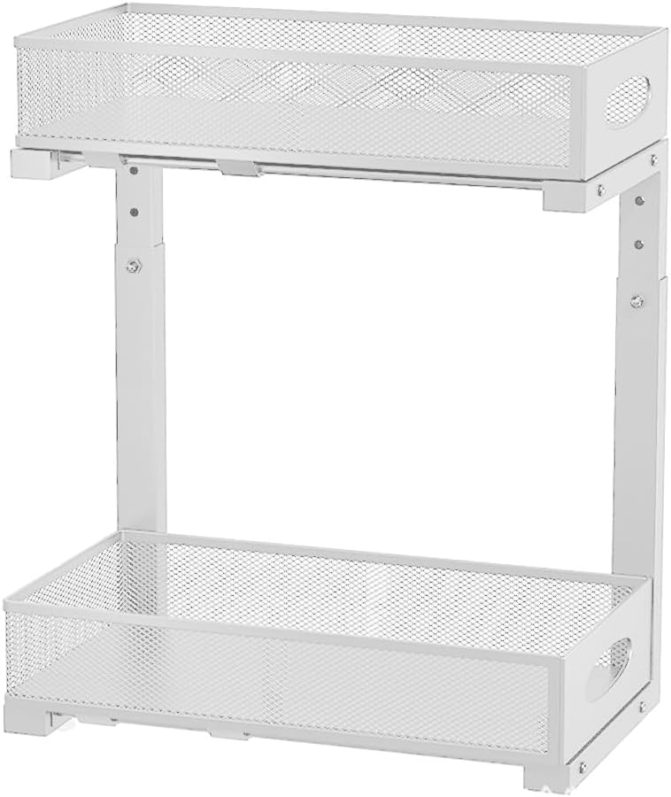 2 Tier Pull Out Under Sink Organizer, Height Adjustable Cabinet Storage Shelf, Metal Mesh Sliding Drawer Under Sink Storage Rack for Kitchen, Bathroom, Laundry, White