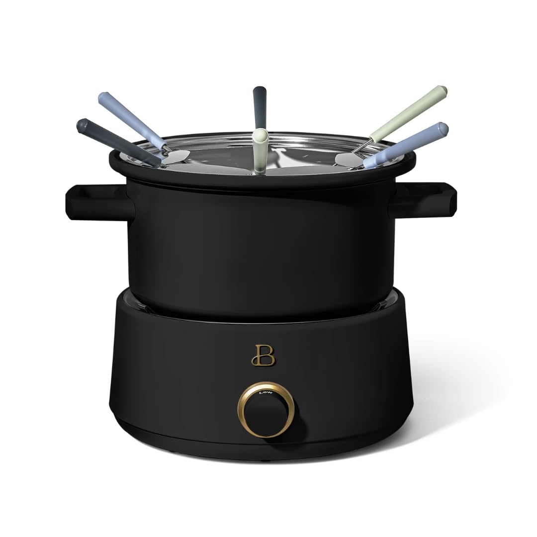 Beautiful 3-Quart Electric Fondue Set by Drew Barrymore – 1000W, Stainless Steel Pot, Bonus 2Qt Ceramic Insert, Adjustable Temperature, Nonstick, Dishwasher Safe