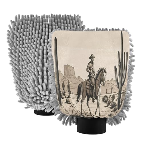 Kigai Western Cowboy Crossing The Desert Car Wash Mitt Microfiber, 2Pcs Scratch Free Lint-Free, Premium Chenille Microfiber Mitt Car Wash Brush-L