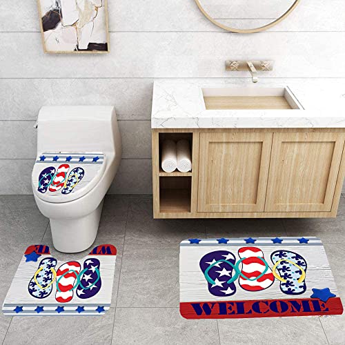 Hedybard 4 Pcs Red Blue Star Shower Curtain Set, Beach Themed Art Print Of Us Flag With Shower Curtain, Non-Slip Soft Flannel Rugs, Toilet Lid Cover, Bath Mat And 12 Hooks For Home Decorations #TOP2