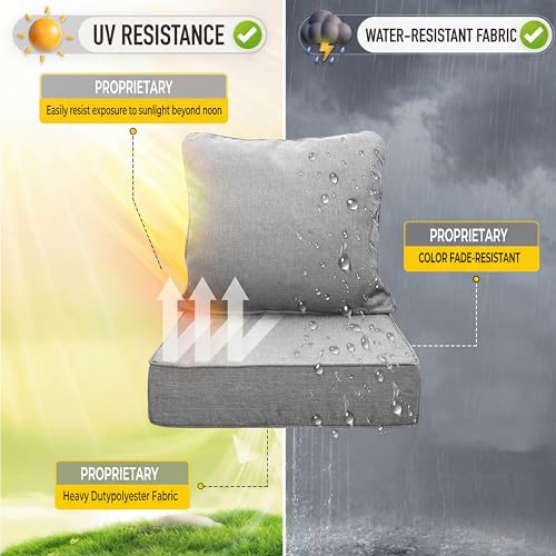 Image of Art Leon 22x24 Outdoor Deep Seat Cushions Waterproof Outdoor Seat Cushion 28D High Density Foam Patio Chair Cushions with Non-Slip Backing Patio Cushions for Patio Furniture Garden Bench Grey