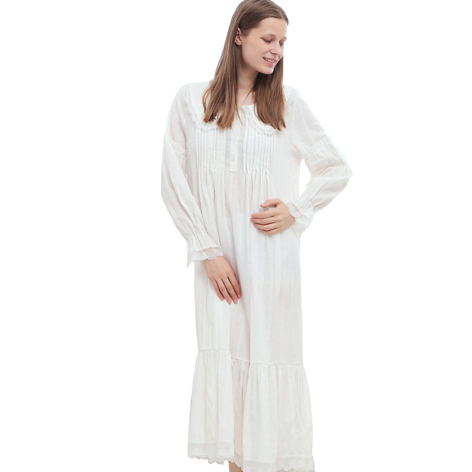 OFFSUM Camicia da Notte Donna - Primavera Camicia da Notte A Tinta Unita Cotone Pizzo retrò Elegante Camicia da Notte Moda Principessa Plus Size Casual Lingerie Confortevole
