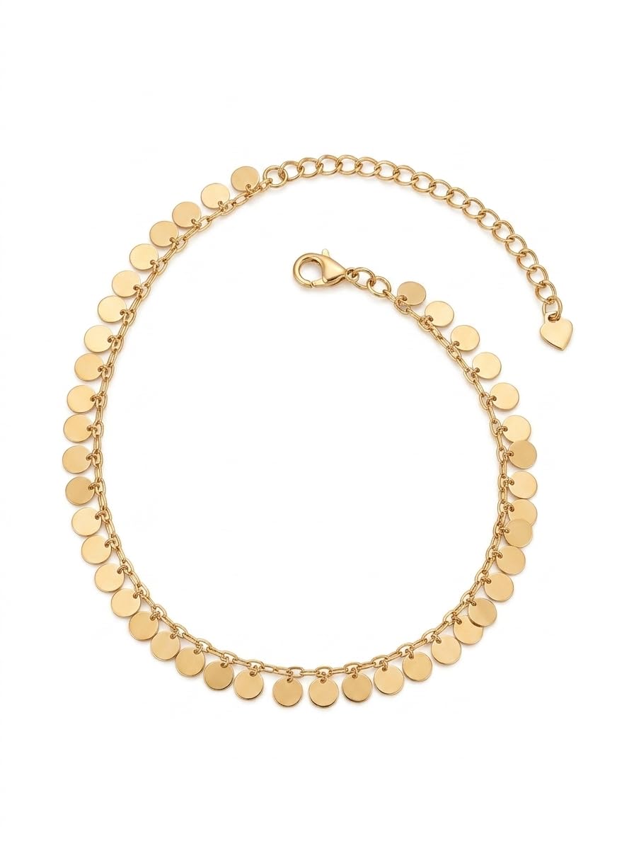 Anti-Tarnish Gold Disc Station Anklet – Dainty Sequins Shimmer Foot Chain Jewelry-image-20