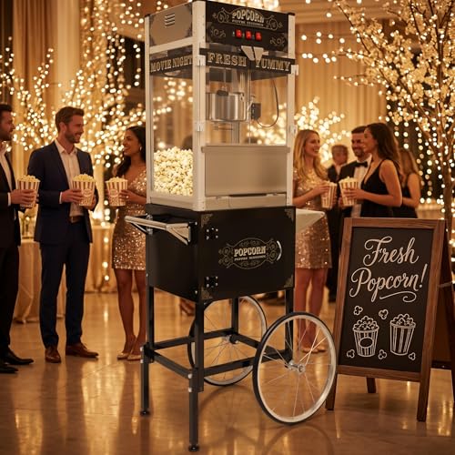 Image of Commercial Popcorn Machine with Cart & Wheels - 32OZ Stainless Steel Kettle, Vintage Style, Tempered Glass | Large Capacity for Home, Parties, Movie Theater (Black)