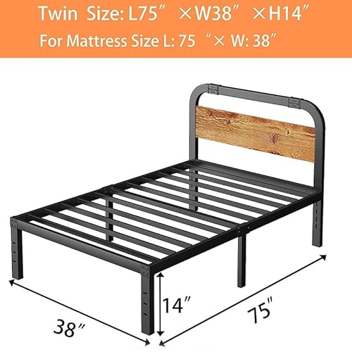 Aardhen Twin Size Bed Frame 14 Inch Rustic Wood Headboard, Heavy Duty Steel Slats Support, Easy Assembly, No Box Spring Needed, Quiet And Sturdy #TOP1
