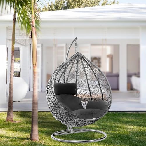 Rattan Swing Egg Chair Garden Swing Chair Patio Hanging Chair Indoor/Outdoor Hanging Hammock with Cushion (black chair-black) 2 Rattan Swing Egg Chair Garden Swing Chair Patio Hanging Chair Indoor/Outdoor Hanging Hammock with Cushion (black chair-black) - Image 2