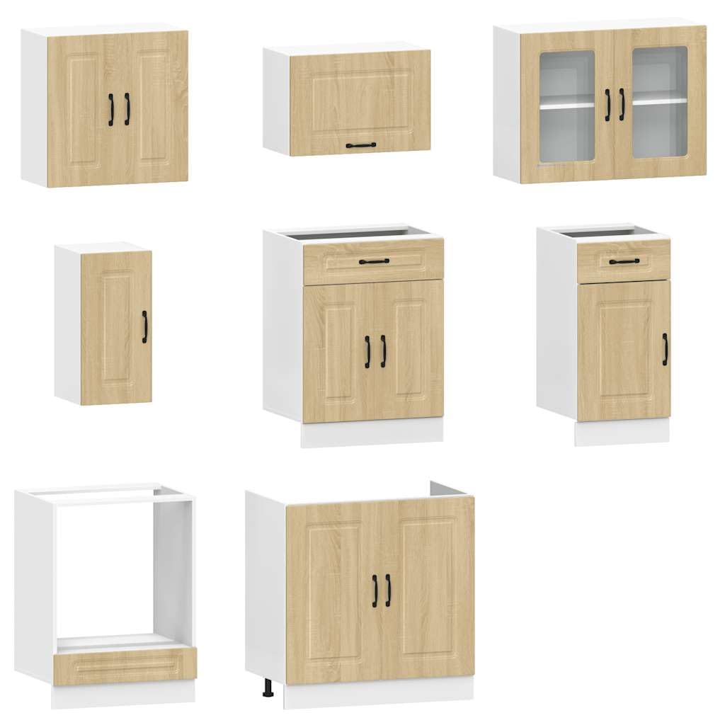 8-TLG Küchenschrank-Set Kalmar in Sonoma-Eiche - Modulare Küchenzeile aus Holzwerkstoff und Glas - Einbauküche mit Hängeschränken und Unterschränken für Herd und Spüle