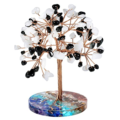 Nupuyai Obsidian & White Chalcedony Crystal Money Tree with 7 Chakra Base