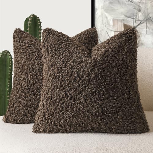 Image of Foindtower 2 Pieces 20x20 Inch Dark Brown, Faux Fur Throw Pillow Cover Accent Sherpa Furry Pillow Covers Fuzzy Soft Pillowcases Cozy Sheepskin Decorative Fleece Cushion Case for Bed Couch Living Room