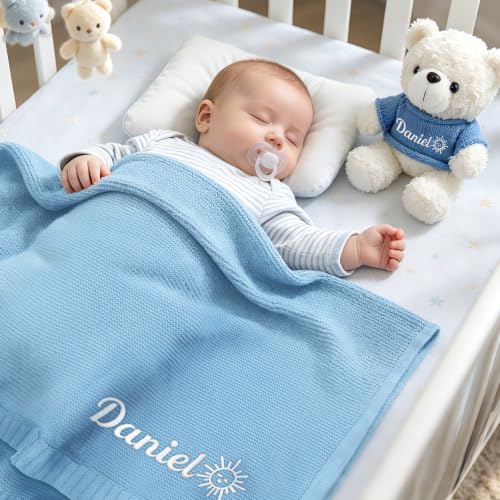 Image of Personalized Baby Blanket with Optional Teddy Bear, Custom Knit Blanket Embroidered with Name, 30x40in Custom Baby Gifts for Boys and Girls, Newborn for Boy /Girl