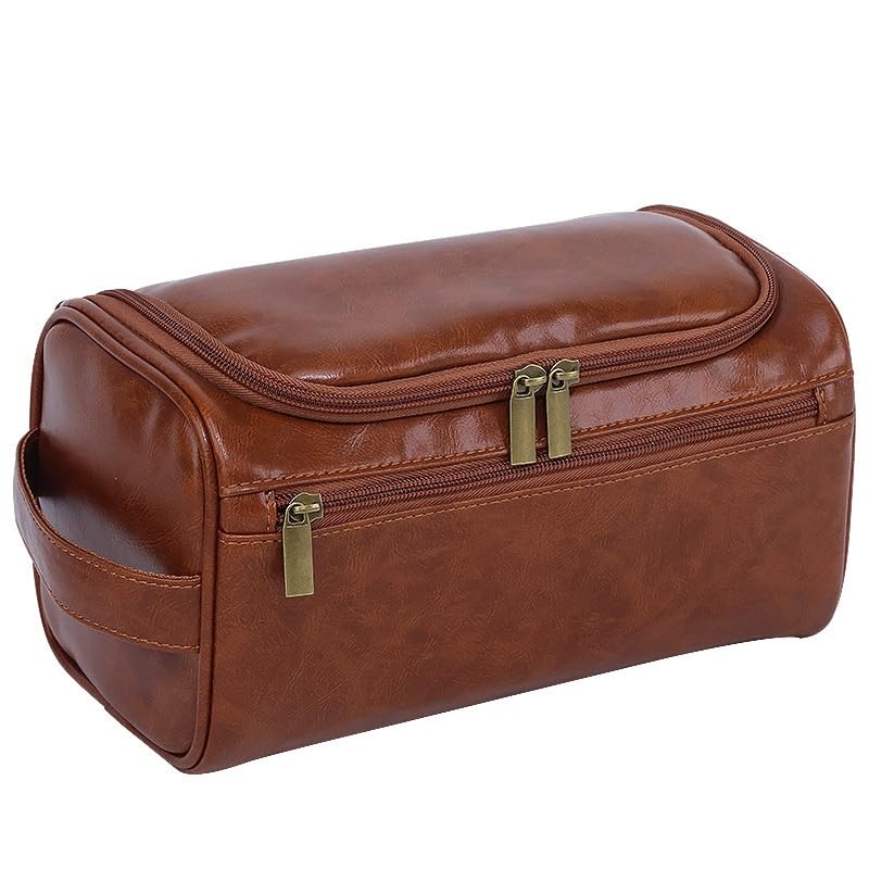 Borsa da Toilette Portatile Borsa da Toilette da Uomo da Viaggio Borsa cosmetica Portatile in Pelle Pu(Brown)