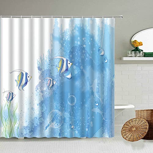 Dibujos Animados Peces Acuarela Cortina de Ducha Azul Espuma Verano Playa Amor Estrellas baño con Gancho Pantalla Impermeable S.5 200x200cm Cover