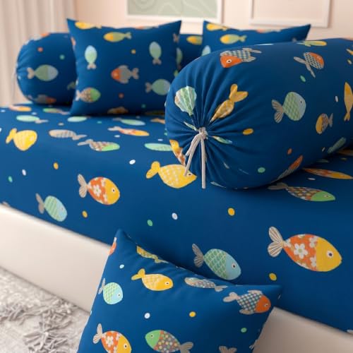 Image of Filymore Cute Fish Kids Fitted Diwan Set 8 Pieces - Blue Microfiber Diwan Bedsheet Set with 5 Cushion Covers & 2 Bolster Covers | Soft & Comfortable Cartoon Fish Print Diwan Cover Set for Kids Room