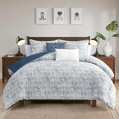 Image of Modern Threads 5-Piece Printed Comforter Set Freya - Blue & Beige Paisley Bedding with Decorative Pillows & Shams, Soft All Season Bed Set, Queen