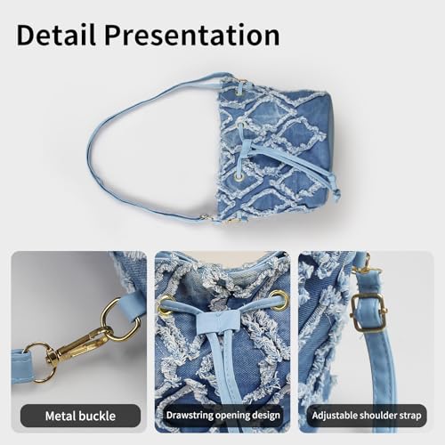 Women Denim Bucket Bag, Jean Small Crossbody Bags for Women, Fashion Rhombus Shoulder Bag with Drawstring3