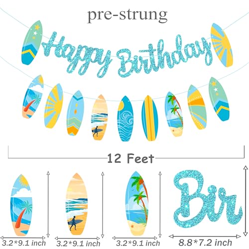 Image of 2pcs Summer Surfboard Happy Birthday Banners Summer Surfing Birthday Party Decorations Blue Glitter Surfing Birthday Banner Bunting Surfboard Banner for Tropical Hawaii Beach Surfing Supplies