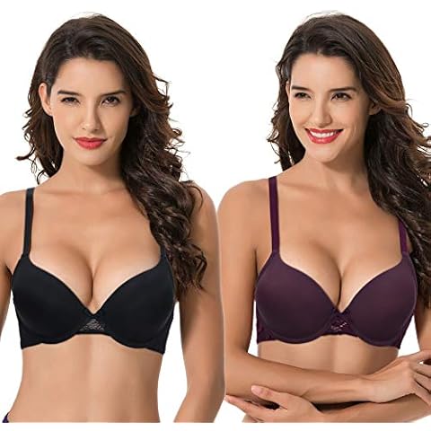 Curve Muse Womens Plus Size Perfect Shape Add 1 Cup Push Up Underwire Tshirt Bra-2PK-Black,Plum-42DD (EU:95E) Cover