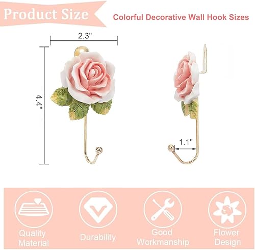 Miniatura 2 de Hermoso gancho de pared decorativo de rosa, elegante y bonito gancho de resina hecho a mano para bata y toalla, gancho de pared de metal dorado para