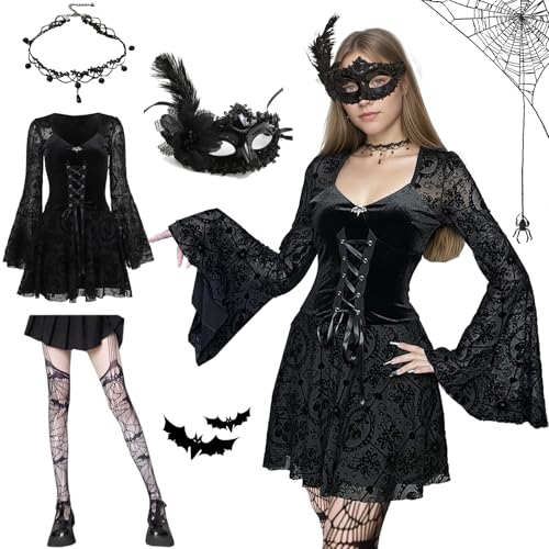 GOUYENG Abendkleid,Vampir Kostüm,Gothic Kleid,Karneval Kostüm,Damen Cocktailkleid,Wear Schnürkleid,Halloween Kleid,Langarm Cosplay Ballkleid,für...