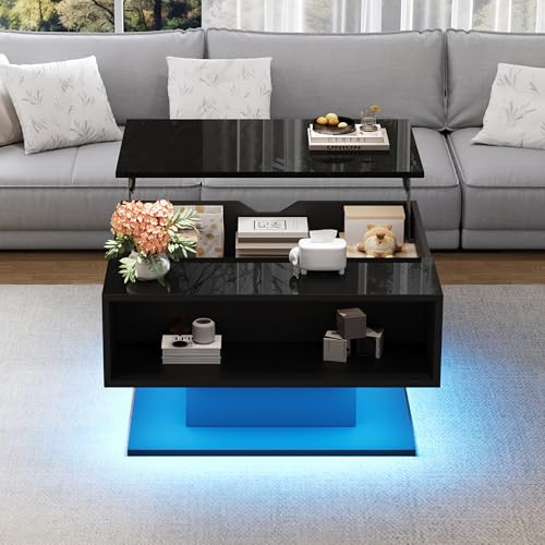 Merax Table Basse relevable 80×77×40 cm – Sofatisch Table de Salon hydraulique Noire avec LED, Plateau laqué Haute Brillance, Rangement caché et...
