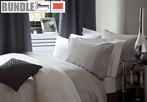 Image of Belledorm Premium Blend 11" Fitted Sheet + Housewife Pillowcase Bundle Set, 500 Thread Count Cotton Rich (White, King Size)